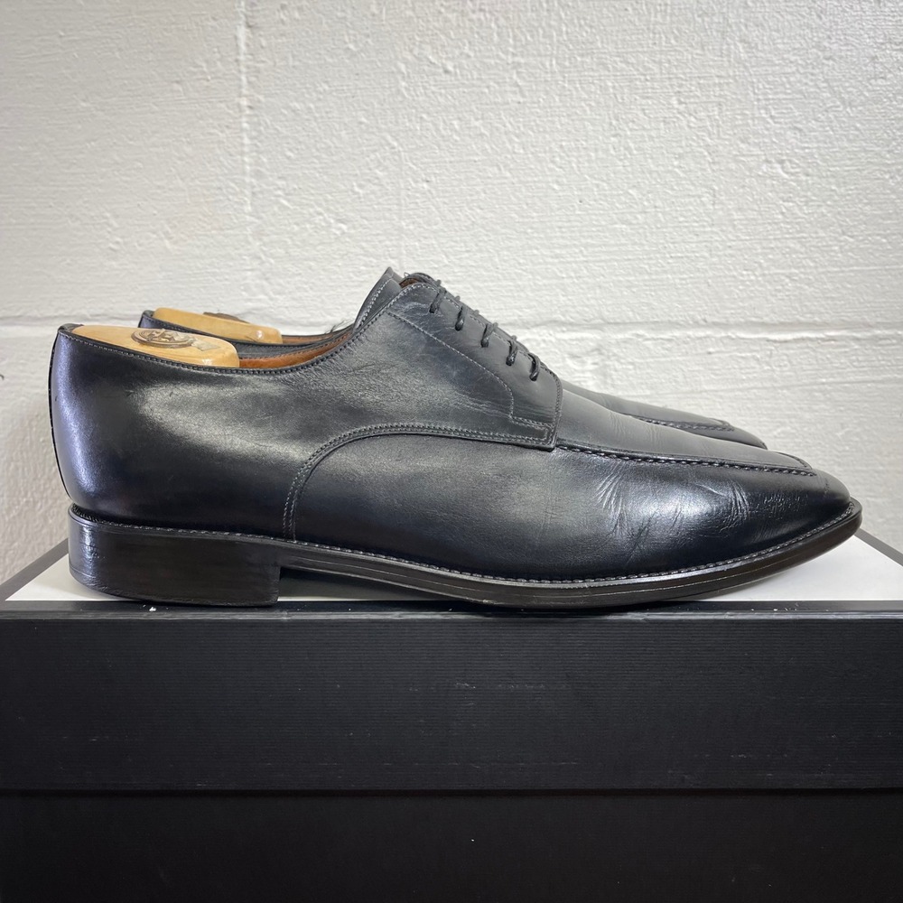 Santoni 24155001 Black Leather Oxford Dress Shoes Men's 10 EE Made In Italy